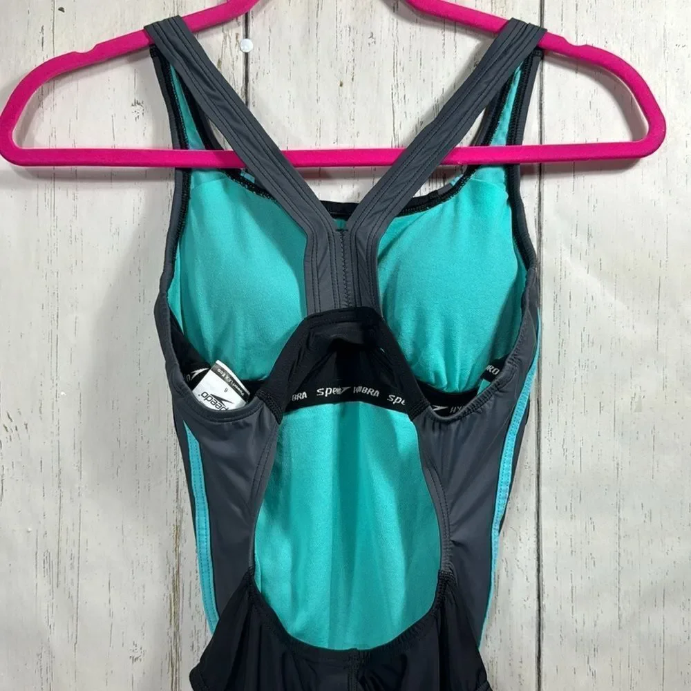 Speedo Womens Black Aqua Racerback Hydro Bra One Piece Swimsuit